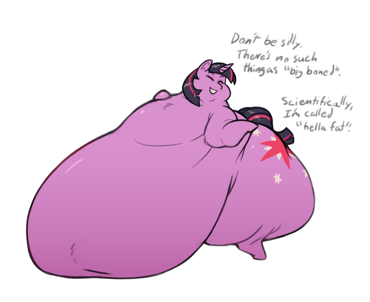 Size: 981x800 | Tagged: questionable, artist:bonusart, derpibooru import, twilight sparkle, pony, unicorn, ^^, ass, belly, big belly, bipedal, chubby cheeks, dialogue, double chin, eyes closed, fat, female, hips, huge butt, impossibly large belly, impossibly large butt, large butt, morbidly obese, obese, plot, simple background, solo, solo female, thighlight sparkle, thighs, thunder thighs, twibutt, twilard sparkle, twilight has a big ass, unicorn twilight, white background