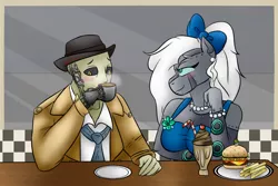 Size: 1080x720 | Tagged: safe, artist:deltafairy, derpibooru import, oc, oc:beta beats, unofficial characters only, anthro, original species, robot, robot pony, anthro oc, canon x oc, commission, date, date night, digital art, diner, dinner, fallout, fallout 4, female, finished commission, food, male, nick valentine, shipping