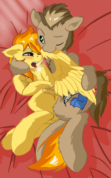 Size: 800x1280 | Tagged: adorable face, alternate version, artist:manifest harmony, cute, cutefire, cute porn, davenport, derpibooru import, hug, male, preening, shipping, spitfire, straight, suggestive