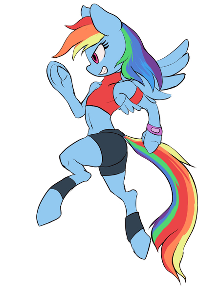Size: 576x768 | Tagged: safe, artist:raikoh, derpibooru import, rainbow dash, pony, semi-anthro, belly button, clothes, jogging, midriff, short shirt, solo, workout outfit