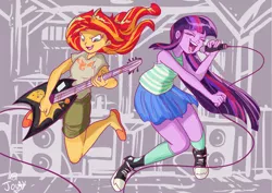 Size: 924x653 | Tagged: safe, artist:jowybean, derpibooru import, sunset shimmer, twilight sparkle, twilight sparkle (alicorn), equestria girls, clothes, converse, electric guitar, eyes closed, guitar, metal, microphone, open mouth, pleated skirt, rock, rock (music), shipping, shoes, shorts, singing, skirt, slippers, sneakers, socks, sunset shredder, sunsetsparkle