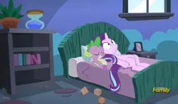 Size: 1408x824 | Tagged: suggestive, artist:titanium-pony, derpibooru import, edit, edited screencap, screencap, spike, starlight glimmer, pony, unicorn, every little thing she does, aftersex, bed, bedroom, foalcon, implied sex, male, morning after, shipping, sleeping, sparlight, starlight bedridden, starlight's room, straight