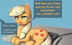 Size: 2400x1500 | Tagged: safe, artist:captainpudgemuffin, derpibooru import, applejack, pony, applecat, behaving like a cat, captainpudgemuffin is trying to murder us, cute, dialogue, jackabetes, offscreen character, open mouth, pony pet, prone, sassy, side, silly, silly pony, solo, speech bubble, table, tablet, who's a silly pony