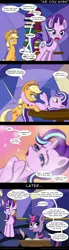 Size: 650x2358 | Tagged: suggestive, artist:deusexequus, derpibooru import, applejack, starlight glimmer, twilight sparkle, twilight sparkle (alicorn), alicorn, pony, every little thing she does, comic, female, fiducia compellia, glimmerjack, heart, implied cunnilingus, implied oral, implied sex, lesbian, licking, mind control, missing accessory, parody, scene parody, tongue out