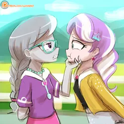 Size: 750x750 | Tagged: safe, artist:lumineko, derpibooru import, diamond tiara, silver spoon, crusaders of the lost mark, equestria girls, arm behind back, badass, braid, clothes, cloud, duo, equestria girls interpretation, female, fence, glasses, jacket, jewelry, looking at each other, necklace, patreon, patreon logo, pearl necklace, scene interpretation, shirt, signature, skirt, sky, speedpaint