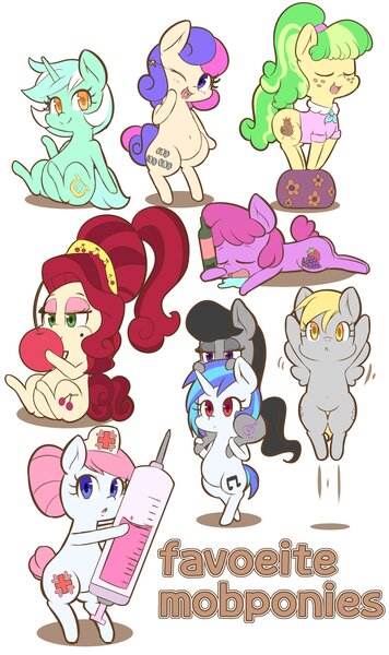 Size: 1861x3134 | Tagged: safe, artist:braffy, derpibooru import, berry punch, berryshine, bon bon, cherry jubilee, chickadee, derpy hooves, lyra heartstrings, ms. peachbottom, nurse redheart, octavia melody, sweetie drops, vinyl scratch, earth pony, pegasus, pony, unicorn, adorabon, adoredheart, alcohol, background six, belly, belly button, berrybetes, bipedal, bottle, cherry, chubby, cute, derpabetes, drool, drunk, eyes closed, female, food, freckles, fruit, looking at you, lyrabetes, mare, one eye closed, open mouth, peachabetes, ponies riding ponies, red eyes, riding, simple background, sitting, sleeping, smiling, standing, suitcase, syringe, tavibetes, text, thermometer, vinylbetes, wall of tags, white background, wink, wrong eye color
