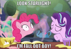 Size: 514x356 | Tagged: animated, baking, cake, caption, derpibooru import, edit, edited screencap, every little thing she does, fall out boy, food, gif, image macro, meme, obligatory pony, pinkie pie, safe, screencap, starlight glimmer
