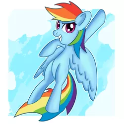 Size: 1800x1800 | Tagged: safe, artist:atmosseven, derpibooru import, rainbow dash, pegasus, pony, cloud, female, flying, mare, sky, smiling, solo, spread wings, wings