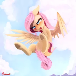 Size: 1700x1700 | Tagged: safe, artist:miokomata, derpibooru import, fluttershy, pegasus, pony, angry, blushing, covering, crying, cute little fangs, fangs, female, flying, mare, open mouth, peeved, signature, sky, solo, spread wings, tail covering, underhoof