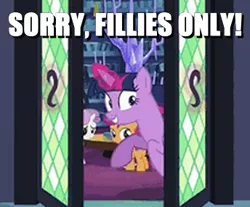 Size: 344x285 | Tagged: safe, derpibooru import, edit, edited screencap, screencap, scootaloo, sweetie belle, twilight sparkle, twilight sparkle (alicorn), alicorn, pony, the fault in our cutie marks, caption, cropped, door, image macro, magic, meme, needs more jpeg, twilight is a foal fiddler