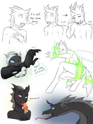 Size: 3000x4000 | Tagged: suggestive, artist:askbubblelee, derpibooru import, oc, oc:imago, unofficial characters only, anthro, changeling, changeling larva, dragon, unguligrade anthro, anthro oc, blushing, breasts, changeling dragon, changeling oc, crying, delicious flat chest, dragonified, female, fire, green fire, icicle, larva, licking, long tongue, open mouth, sideboob, smiling, species swap, tongue out, transformation