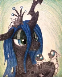 Size: 1052x1308 | Tagged: adoracreepy, artist:thefriendlyelephant, babies, baby, blue hair, changeling, changeling larva, changeling queen, commission, creepy, cute, cutealis, derpibooru import, fangs, female, green eyes, holes, horn, larva, mommy chrissy, mother, mother and child, nymph, queen chrysalis, safe, smiling, traditional art