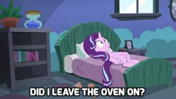 Size: 1024x576 | Tagged: bed, caption, derpibooru import, edit, edited screencap, every little thing she does, image macro, meme, safe, screencap, solo, starlight bedridden, starlight glimmer, starlight's room