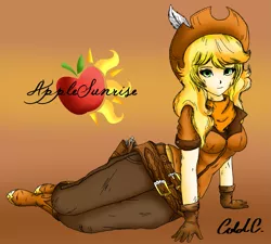 Size: 2403x2160 | Tagged: artist:ciderpunk, belt, boots, brown background, clothes, cutie mark, derpibooru import, draw me like one of your french girls, feather, gloves, gradient background, gun, hat, holster, human, humanized, humanized oc, looking at you, oc, oc:applesunrise, pants, safe, scarf, shirt, simple background, smiling, solo, unofficial characters only, weapon, western