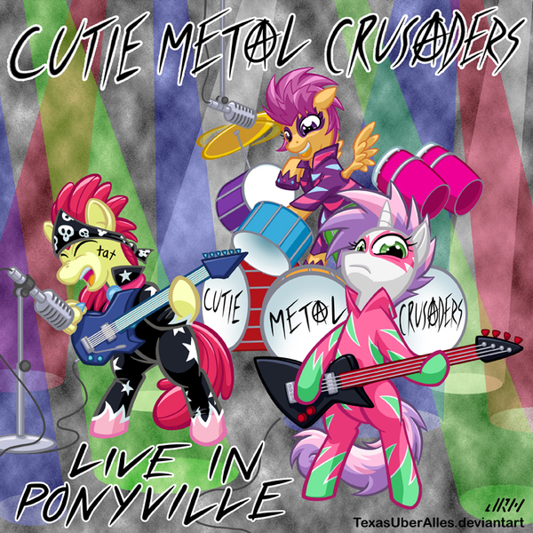 Size: 720x720 | Tagged: safe, artist:texasuberalles, derpibooru import, apple bloom, scootaloo, sweetie belle, earth pony, pegasus, pony, unicorn, album cover, bass guitar, cutie mark crusaders, cutie mark crusaders song, drums, explorer, eyes closed, guitar, heavy metal, looking at you, microphone, musical instrument, screaming, show stopper outfits, trio