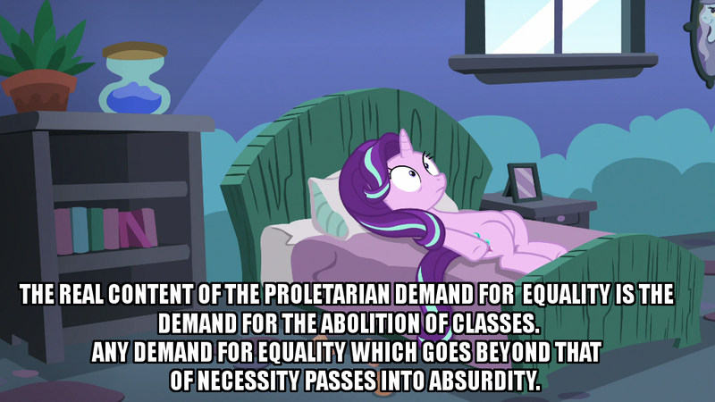 Size: 1024x576 | Tagged: bed, communism, derpibooru import, edit, edited screencap, equality, every little thing she does, meme, safe, screencap, solo, stalin glimmer, starlight bedridden, starlight glimmer, starlight's room, thousand yard stare