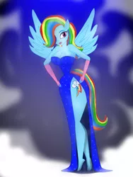 Size: 2448x3264 | Tagged: anthro, artist:odiz, breasts, busty rainbow dash, cleavage, clothes, derpibooru import, disney, dress, female, hand on hip, hands on hip, high heels, jessica rabbit, lipstick, model, parody, rainbow dash, rainbow dash always dresses in style, side slit, solo, solo female, suggestive, who framed roger rabbit