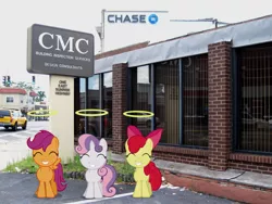 Size: 1600x1200 | Tagged: safe, artist:quantumpotato, derpibooru import, apple bloom, scootaloo, sweetie belle, pony, bank, cutie mark crusaders, halo, irl, office building, photo, ponies in real life, stop light, this will end in tears, vector