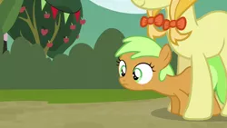 Size: 1280x720 | Tagged: safe, derpibooru import, screencap, apple crumble, jonagold, marmalade jalapeno popette, earth pony, pony, apple family reunion, apple family member, female, filly, mare, protecting