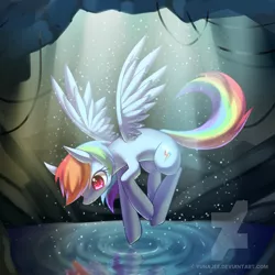 Size: 900x900 | Tagged: artist:yunajee, cave, crepuscular rays, derpibooru import, flying, rainbow dash, ripple, safe, solo, water, watermark