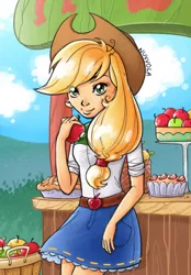 Size: 556x800 | Tagged: safe, artist:nuvvola, derpibooru import, applejack, equestria girls, apple, apple pie, apple stand, bucket, clothes, cowboy hat, denim skirt, food, frilly skirt, hat, pie, skirt, solo, stetson