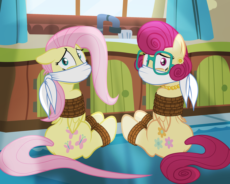 Size: 1024x819 | Tagged: questionable, artist:radiantrealm, derpibooru import, part of a set, fluttershy, posey shy, bondage, cloth gag, commission, damsel in distress, duo, duo female, female, femsub, fluttersub, gag, glasses, image, jewelry, kidnapped, looking at you, mother and daughter, necklace, pearl necklace, png, ropes, scared, show accurate, show accurate porn, submissive, tied up