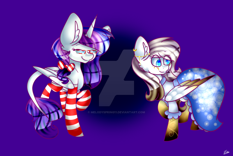 Size: 1024x683 | Tagged: safe, artist:melodyspring11, derpibooru import, oc, unofficial characters only, pegasus, pony, unicorn, clothes, dress, glasses, hair bow, socks, striped socks