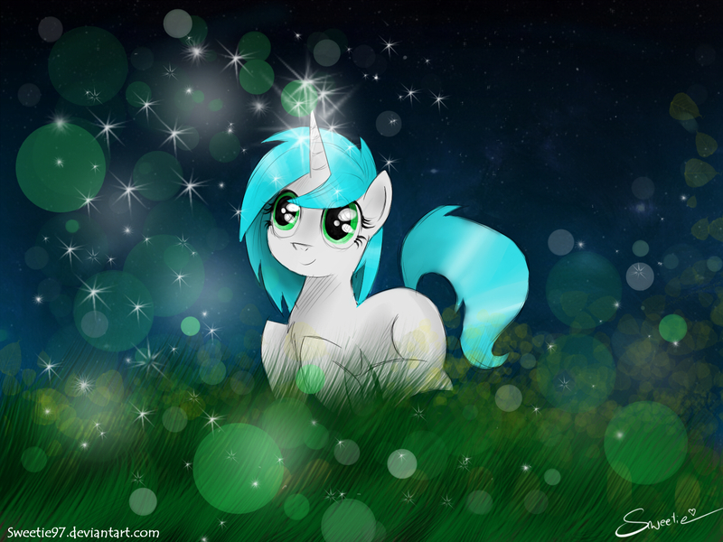 Size: 1600x1200 | Tagged: safe, artist:sweeterwho, derpibooru import, oc, oc:sweetie, unofficial characters only, pony, unicorn, bokeh, chest fluff, female, grass, magic, mare, night, prone, smiling, solo, sparkles