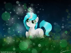Size: 1600x1200 | Tagged: safe, artist:sweeterwho, derpibooru import, oc, oc:sweetie, unofficial characters only, pony, unicorn, bokeh, chest fluff, female, grass, magic, mare, night, prone, smiling, solo, sparkles