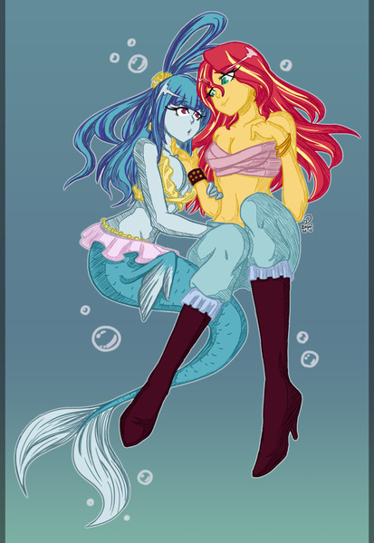 Size: 1280x1861 | Tagged: suggestive, artist:enyoiyourself, derpibooru import, sonata dusk, sunset shimmer, mermaid, siren, equestria girls, bandeau, belly button, blushing, breasts, busty sonata dusk, cleavage, desire (one piece), fangs, female, jewelry, lesbian, looking at you, mermaidized, midriff, ocean, one piece, pendant, sarashi, shipping, shirahoshi, sirens doing siren things, species swap, sunata, underwater