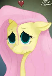 Size: 3501x5124 | Tagged: safe, artist:kayosdrive, derpibooru import, fluttershy, pegasus, pony, blushing, bust, cute, female, heart, looking at you, mare, portrait, shyabetes, signature, smiling, solo