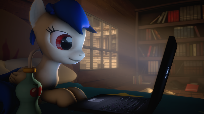 Size: 3840x2160 | Tagged: safe, artist:giz sh, derpibooru import, oc, unofficial characters only, pegasus, pony, 3d, apple juice, book, bookcase, computer, juice, laptop computer, solo