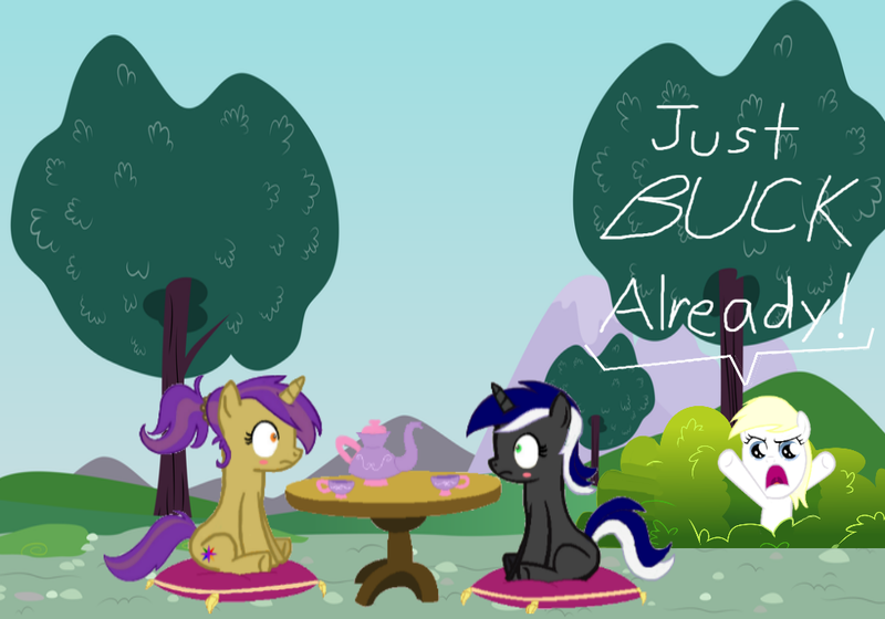 Size: 1000x700 | Tagged: artist:jextexssb, awkward, buck, bush, date, derpibooru import, food, hiding, meadow, oc, oc:aryanne, oh come on, safe, table, tea, tea party, tree, unofficial characters only, yelling