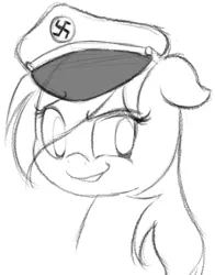 Size: 485x620 | Tagged: artist:lyrabop, black and white, derpibooru import, floppy ears, grayscale, hat, monochrome, nazi, oc, oc:aryanne, peaked cap, safe, sketch, smiling, smug, solo, swastika, unofficial characters only
