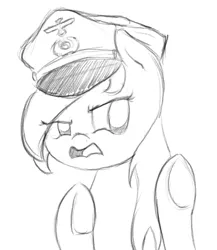 Size: 494x570 | Tagged: safe, artist:lyrabop, derpibooru import, oc, oc:aryanne, unofficial characters only, earth pony, pony, black and white, disgusted, female, grayscale, hat, looking away, monochrome, peaked cap, reichsadler, simple background, sketch, solo, underhoof, white background