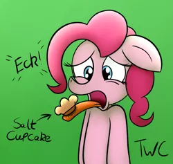 Size: 1017x966 | Tagged: safe, artist:tellywebcartoons, derpibooru import, pinkie pie, pony, 30 minute art challenge, cupcake, ech, food, salty, solo