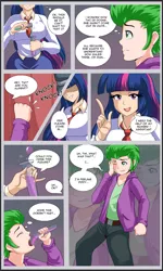 Size: 900x1503 | Tagged: artist:thebrokencog, body swap, breasts, busty twilight sparkle, colored, color edit, comic, comic:the spike experiment, derpibooru import, dialogue, dizzy, edit, female, human, humanized, male, onomatopoeia, potion, speech bubble, spike, suggestive, thought bubble, twilight sparkle