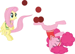 Size: 4323x3119 | Tagged: absurd resolution, .ai available, artist:cloudyglow, buckball season, clothes, derpibooru import, duo, eyes closed, fluttershy, fun, pinkie pie, pinktails pie, safe, simple background, transparent background, upside down, vector