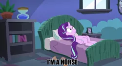 Size: 888x485 | Tagged: captain obvious, derpibooru import, edit, edited screencap, every little thing she does, existential crisis, image macro, meme, realization, safe, screencap, solo, starlight bedridden, starlight glimmer, starlight's room