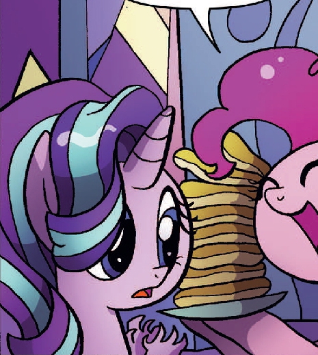 Size: 465x519 | Tagged: safe, artist:agnesgarbowska, derpibooru import, idw, pinkie pie, spike, starlight glimmer, pony, unicorn, spoiler:comic, spoiler:comic46, cropped, female, food, mare, official comic, pancakes