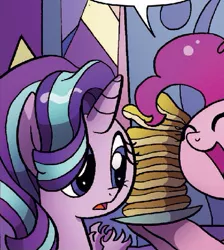 Size: 465x519 | Tagged: safe, artist:agnesgarbowska, derpibooru import, idw, pinkie pie, spike, starlight glimmer, pony, unicorn, spoiler:comic, spoiler:comic46, cropped, female, food, mare, official comic, pancakes