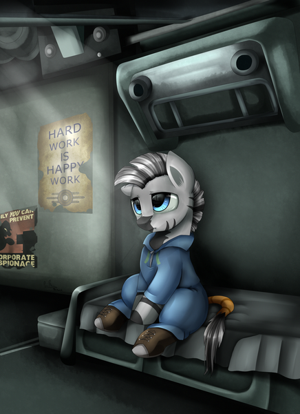 Size: 2550x3509 | Tagged: artist:pridark, bed, bedroom, boots, clothes, commission, derpibooru import, fallout equestria, oc, oc:haefen, poster, sad, safe, shoes, sitting, solo, stable, stable-tec, unofficial characters only, vault suit, zebra