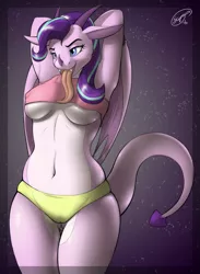 Size: 1833x2500 | Tagged: suggestive, artist:skipsy, derpibooru import, starlight glimmer, anthro, dragon, armpits, belly button, breasts, busty starlight glimmer, clothes, dragonified, erect nipples, fangs, female, glimmerdragon, long tongue, nipple outline, panties, solo, solo female, species swap, tongue out, underboob, underwear