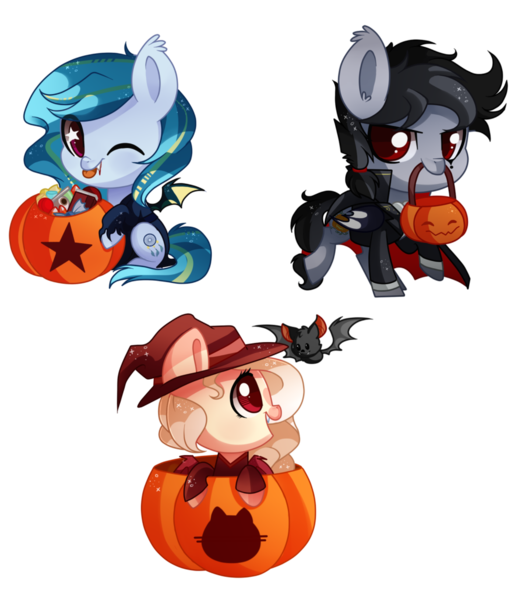 Size: 1024x1196 | Tagged: safe, artist:hikariviny, derpibooru import, oc, unofficial characters only, bat, bat pony, pony, chibi, cute, food, halloween, holiday, jack-o-lantern, pumpkin, trio