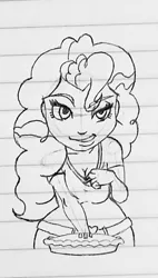 Size: 594x1048 | Tagged: suggestive, artist:fuzzyfurvert, derpibooru import, pinkie pie, equestria girls, bedroom eyes, breasts, busty pinkie pie, cleavage, female, food, lined paper, looking at you, monochrome, pie, sketch, solo, solo female, traditional art