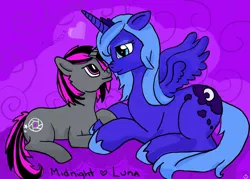 Size: 1024x734 | Tagged: safe, artist:lokapanda, derpibooru import, princess luna, oc, oc:midnight aperture, boop, canon x oc, cute, heart, holding hooves, hoof hold, noseboop, nose kiss, s1 luna, scrunchy face, shipping, snuggling