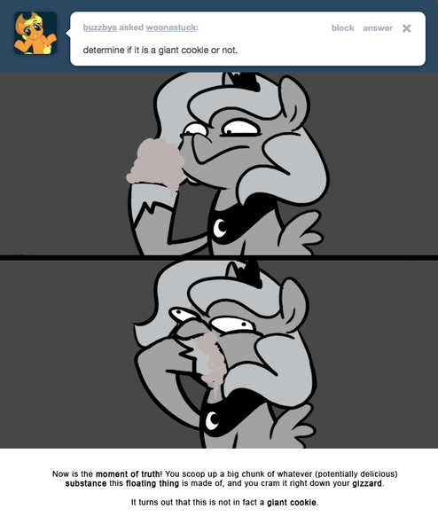 Size: 666x809 | Tagged: artist:egophiliac, ask, derp, derpibooru import, filly, grayscale, majestic as fuck, monochrome, moonstuck, princess luna, safe, tumblr, woona, woonoggles, younger