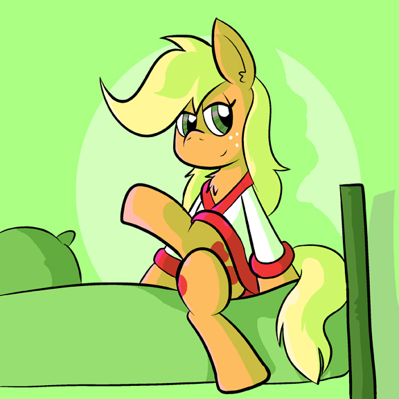 Size: 576x576 | Tagged: safe, artist:pembroke, derpibooru import, applejack, bed, clothes, crossed legs, looking at you, solo