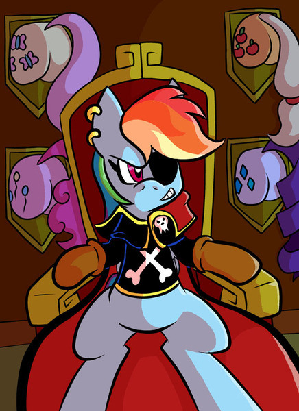 Size: 576x792 | Tagged: applejack, artist:pembroke, captain harlock, derpibooru import, fluttershy, pinkie pie, pirate dash, plot, pun, rainbow dash, rarity, safe, throne, visual pun