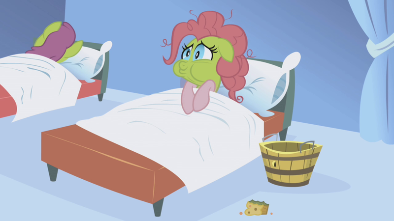 Size: 1280x720 | Tagged: safe, derpibooru import, screencap, cherry punch, pinkie pie, earth pony, pony, applebuck season, back of head, baked bads, bed, bucket, female, green face, mare, puffy cheeks, sick